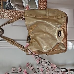 Michael Kors Delancy Pale Gold MirrorMetallic Monogram Logo Tote
